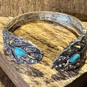Boho Vintage Southwestern Cowgirl Crystal CZ Cuff Bracelet, Turquoise Stone, XL